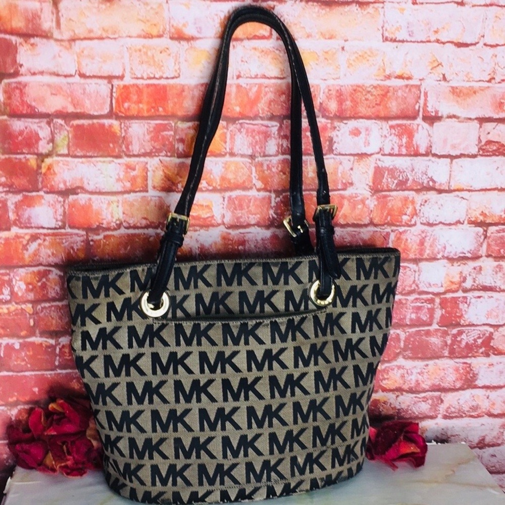 Michael Kors Black and Tan Canvas and LeatherJet Set Signature Logo Tote